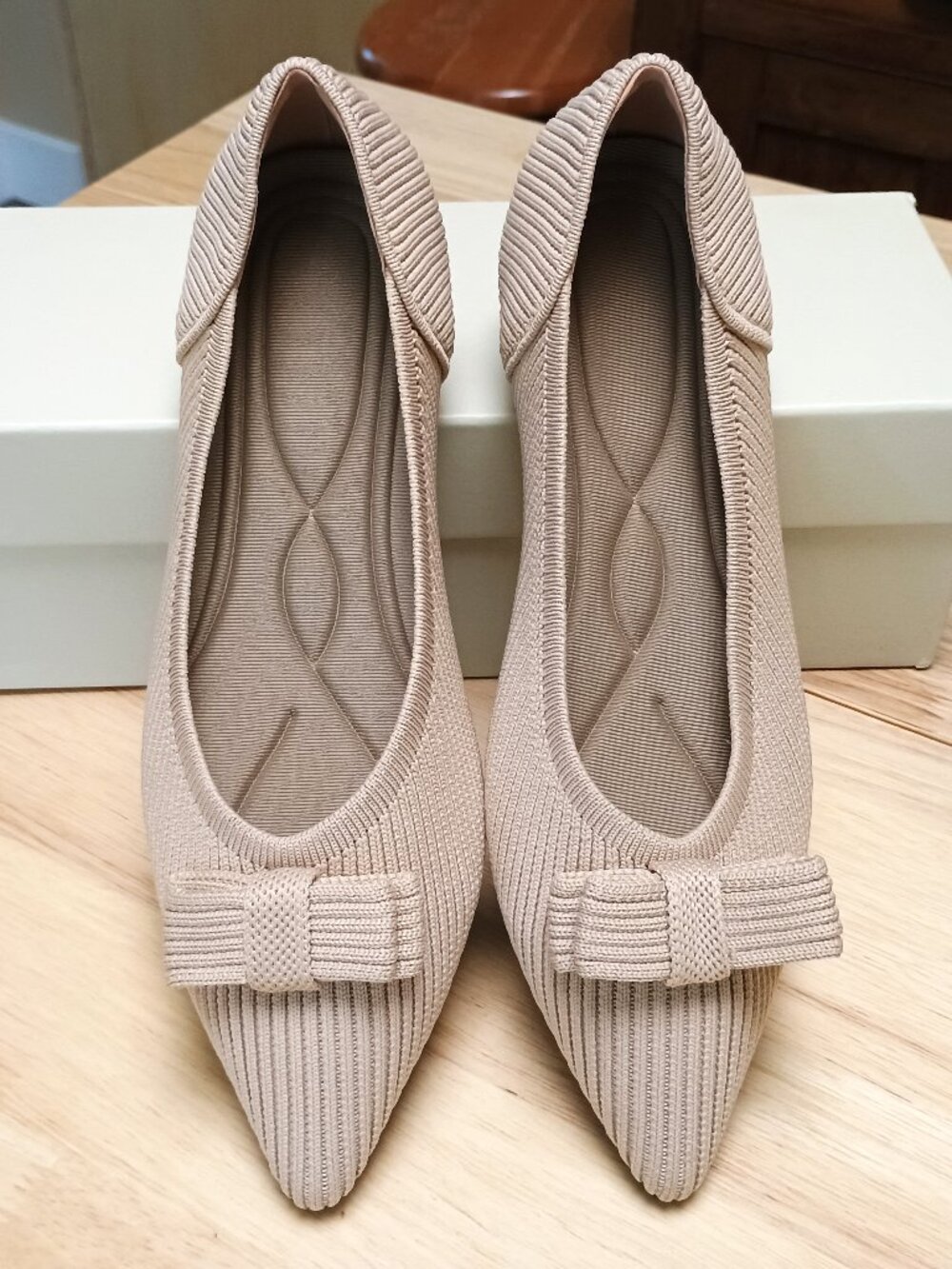 TINGRISE Women's Flat Ballet Shoes, Pointed Toe, Bow, Knit, Comfortable, Size 7